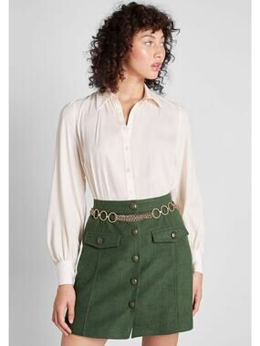 NEW ModCloth 'Undeniably Inspired' Semi Sheer Ivory Collared Blouse Top Size L